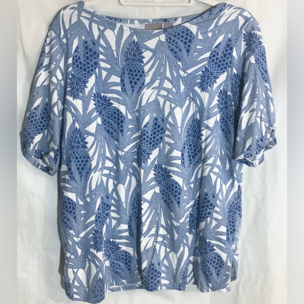 Chicos Pinapple Shirt Sz 2- US Large Cotton Modal soft Breathable S/S Day Party